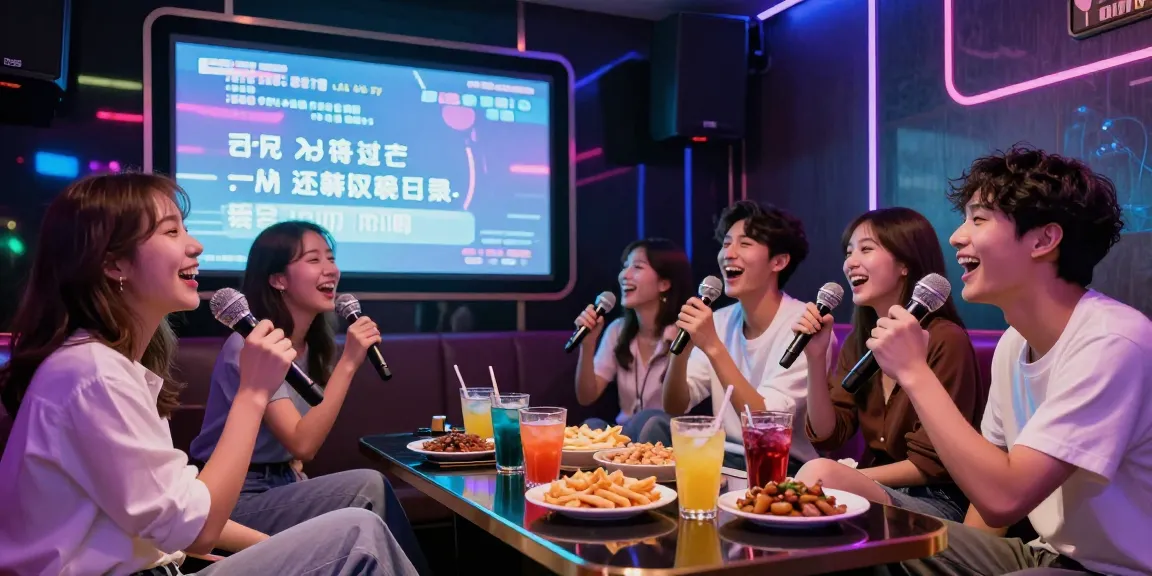 강남가라오케에서 친구들이 함께 노래 부르며 즐거운 시간을 보내는 장면