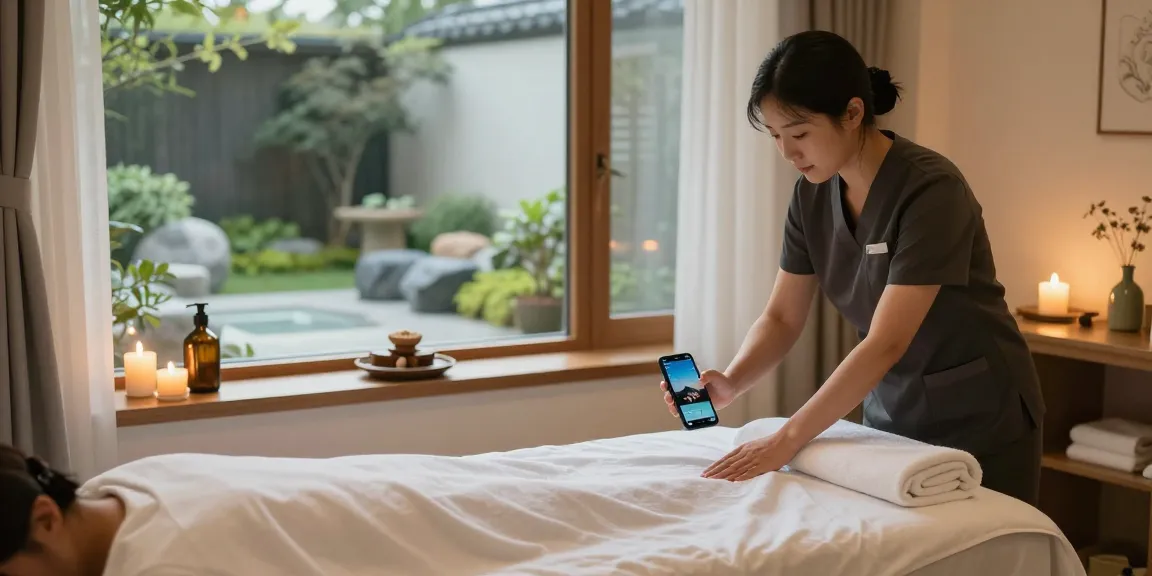 하남출장마사지를 준비하는 편안한 스파 마사지실의 모습, 아로마 캔들과 부드러운 조명이 있는 장면.
