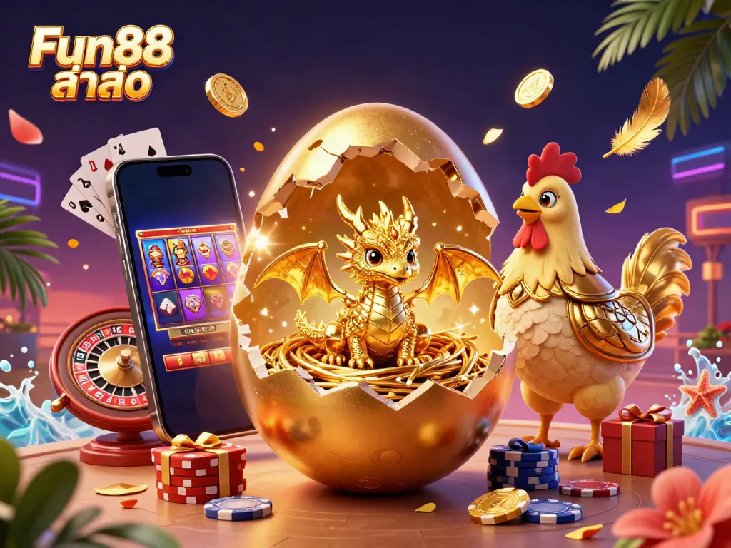 Play slot games and win big with Fun88 ล่าสุด, featuring a golden dragon, poker chips, and gaming elements.