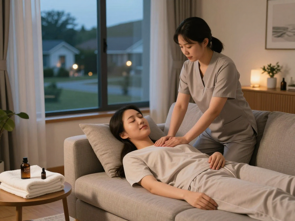 김포출장안마 in a cozy home setting with a professional therapist providing a soothing massage, emphasizing relaxation and comfort.