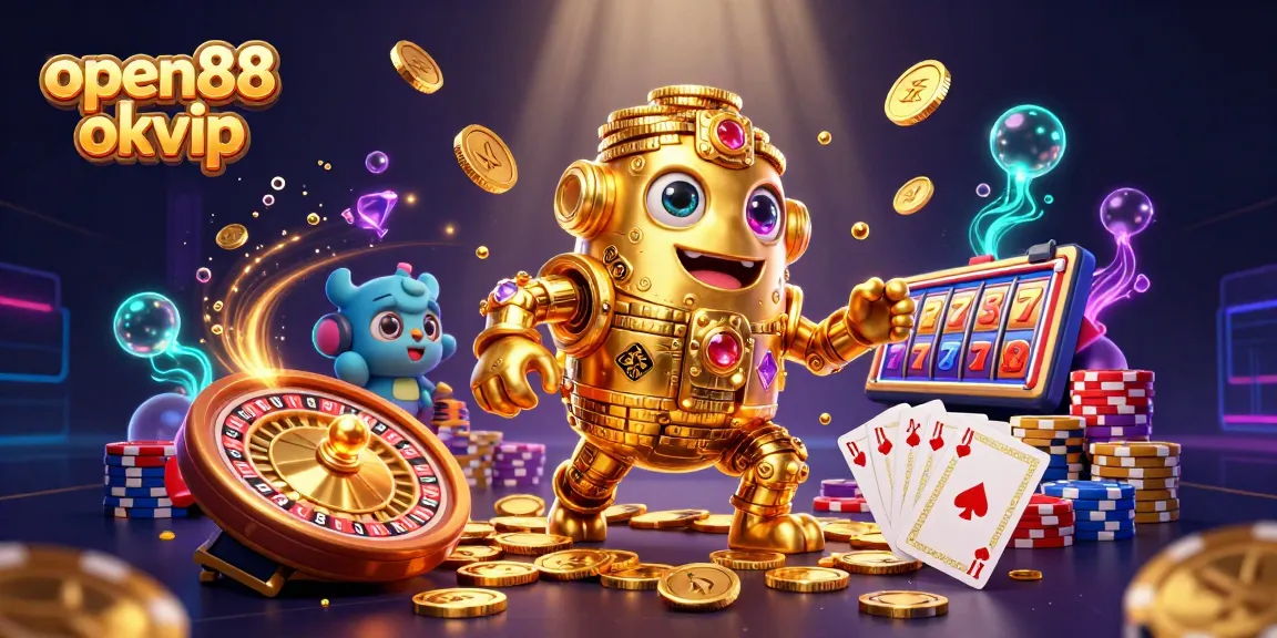 Experience the thrills of open88 okvip with a lively golden golem and casino symbols in a dazzling 3D scene.