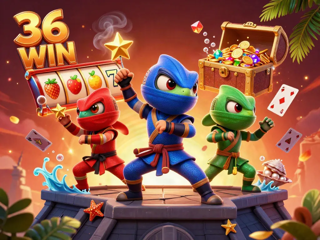 Experience the thrill of 36 WIN with ninja chameleons amidst vibrant casino elements.