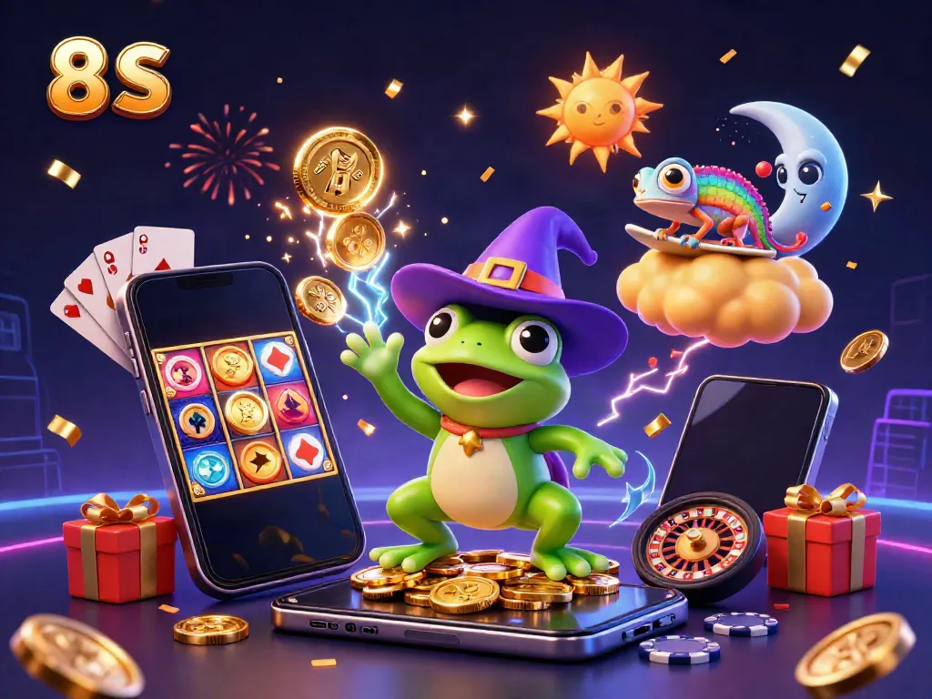 Engage with 8 S in a dynamic casino scene, where a weather wizard frog and rainbow chameleon create a spectacle of slots and gold.