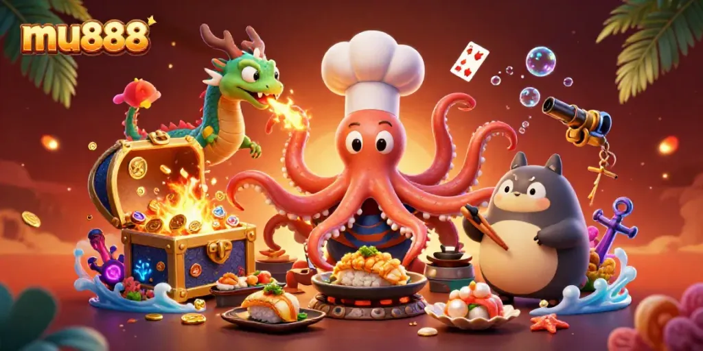 Engaging scene depicting mu888's cartoon sushi chef octopus and dragon cooking amidst casino-themed treasures.