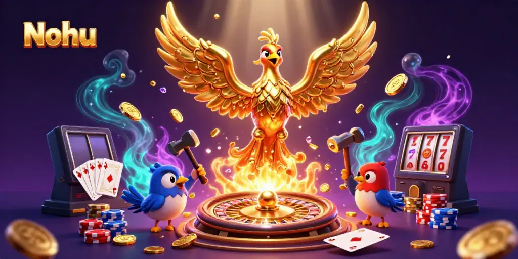 Nohu presents a vibrant scene with a golden phoenix transforming into coins amidst a dynamic casino atmosphere.