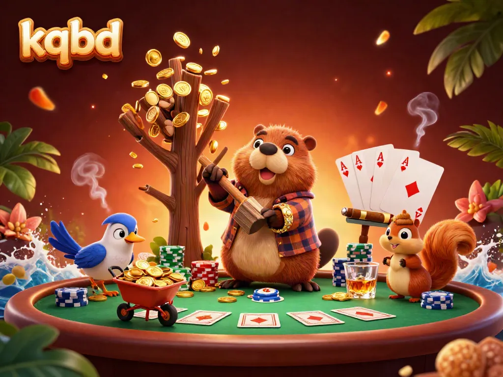 Experience live sports thrill through kqbd results as cartoon beaver celebrates winning coins while playing poker.