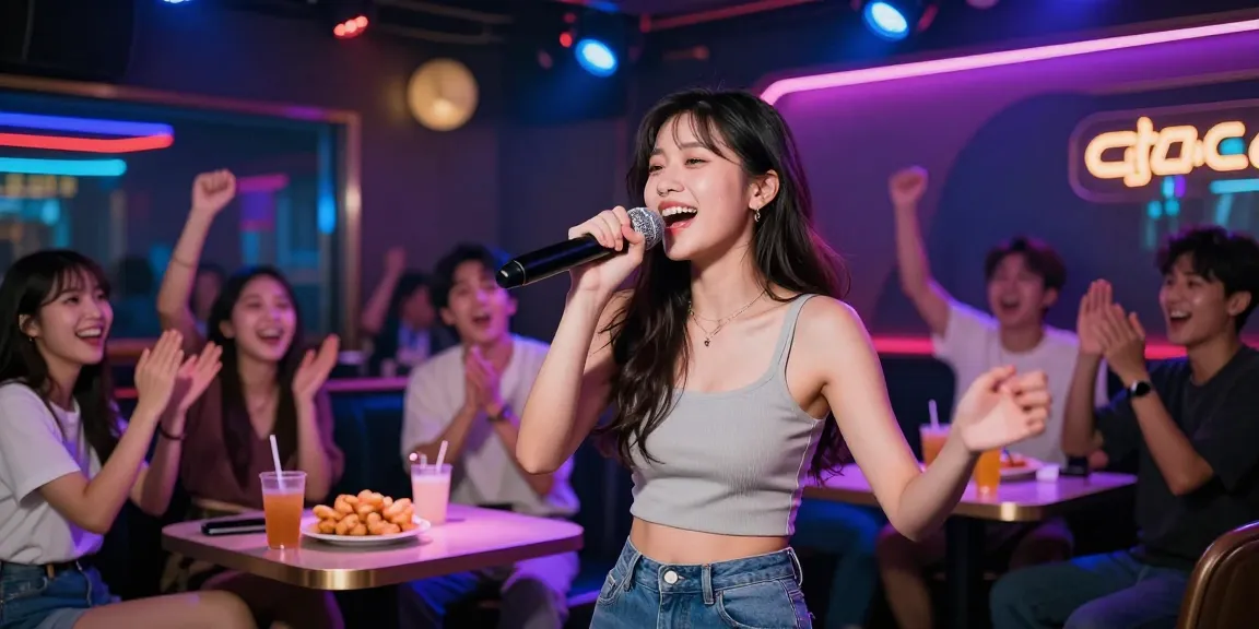 노래방밤알바에서 활기차게 노래하는 여성의 모습과 친구들의 응원
