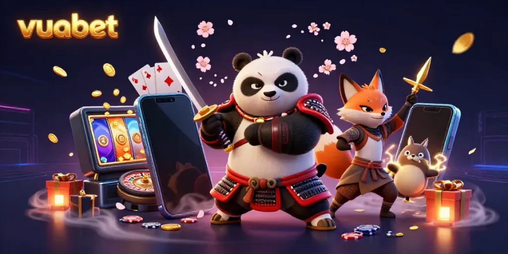 Experience thrilling action with the vuabet panda samurai, fox ninja, and tanuki spirit in a vibrant casino scene.