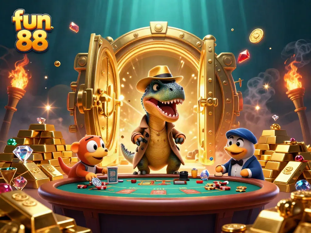 Experience excitement at fun 88 with thrilling blackjack action featuring cartoon dinosaurs in a casino scene.