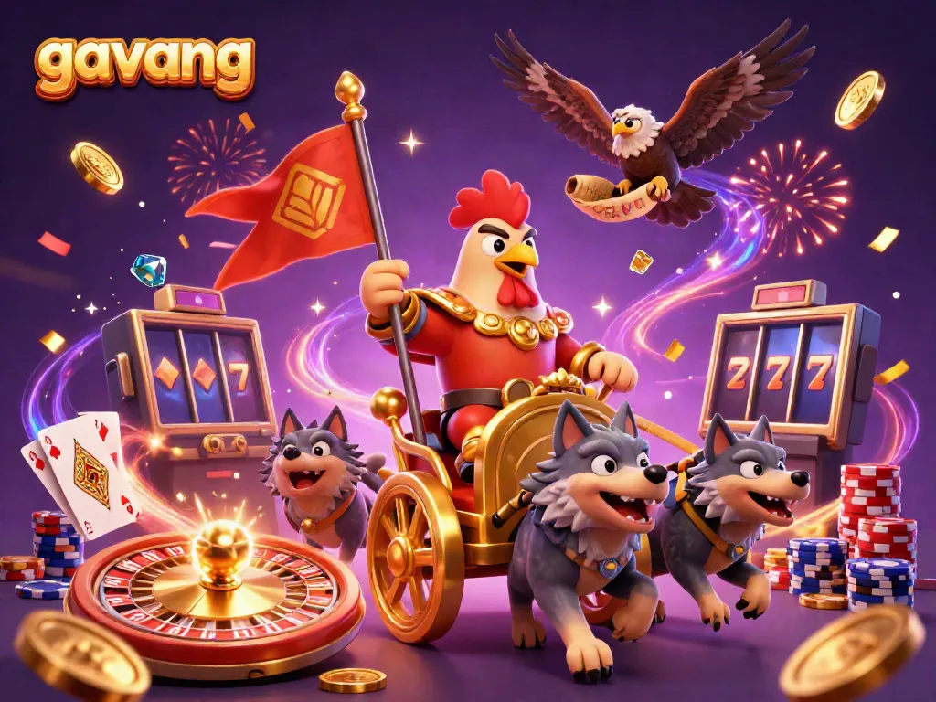 Experience the thrill of sports betting with Gavang: a dynamic illustration of a rooster warlord, treasure, and games.