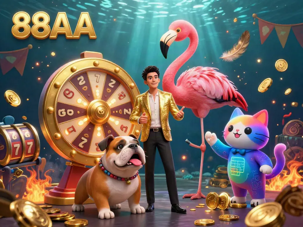 Experience the excitement at 88AA with a flamingo host and bulldog contestant in a colorful casino scene.