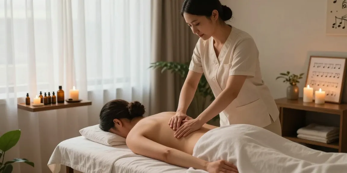 진주마사지 전문 스파 치료실에서 아로마 오일을 사용하여 고객에게 마사지를 제공하는 모습
