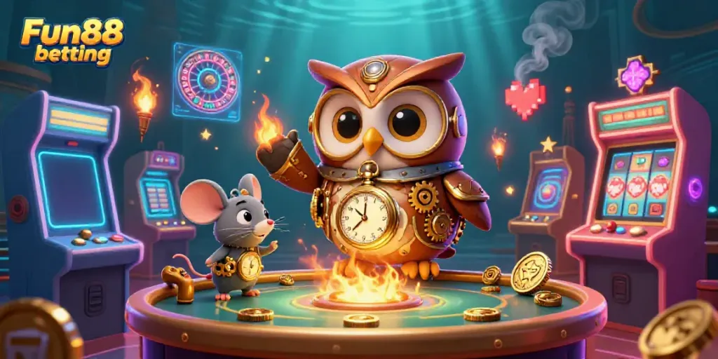 Engage in Fun88 betting with a vibrant, action-packed casino scene featuring owl and mouse characters.