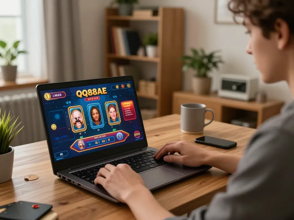 Engaging with live casino games on QQ88AE in a cozy, stylish home setup, combining relaxation and strategy.