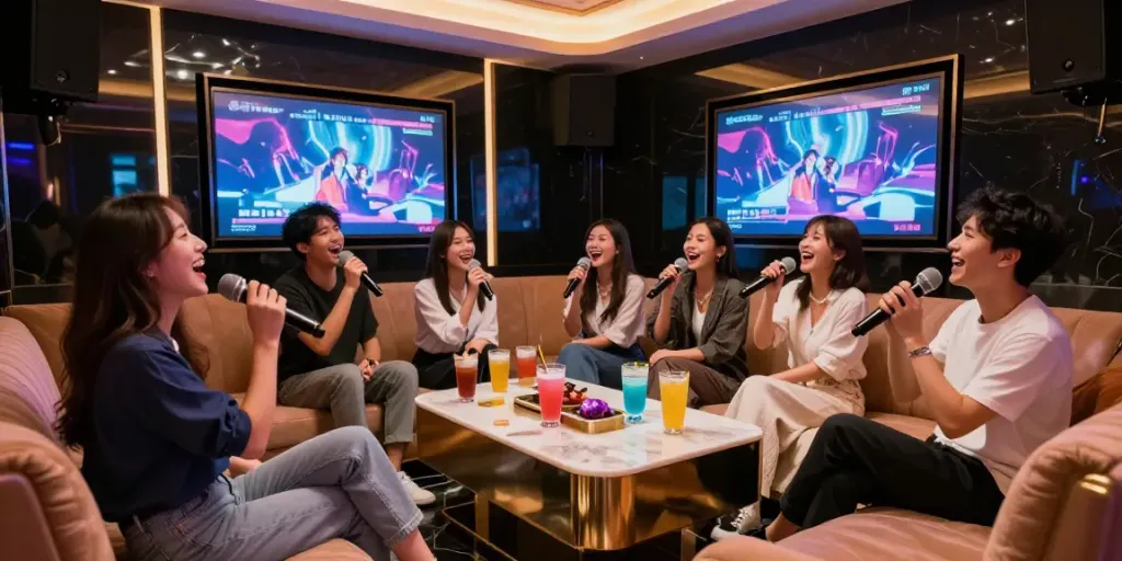 강남 달토의 고급스러운 노래방 내부에서 친구들이 즐거운 시간을 보내고 있습니다.