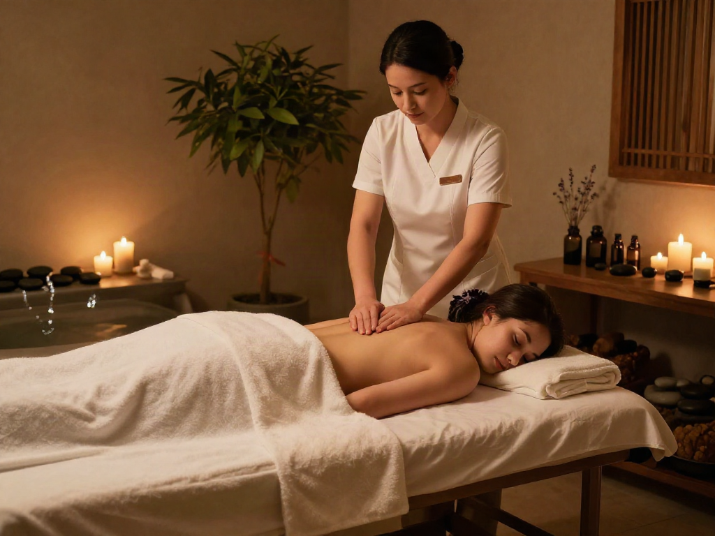 용산출장안마 expert therapist setting up a relaxing spa room with candles and essential oils.