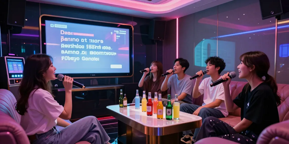 강남가라오케에서 친구들과 즐거운 시간을 보내는 모습, 화려한 조명과 고급 음료가 어우러진 프라이빗 룸.
