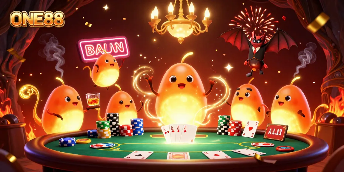 Experience the thrilling gameplay at ONE88 with bioluminescent glowworms illuminating a poker table in an extravagant casino scene.