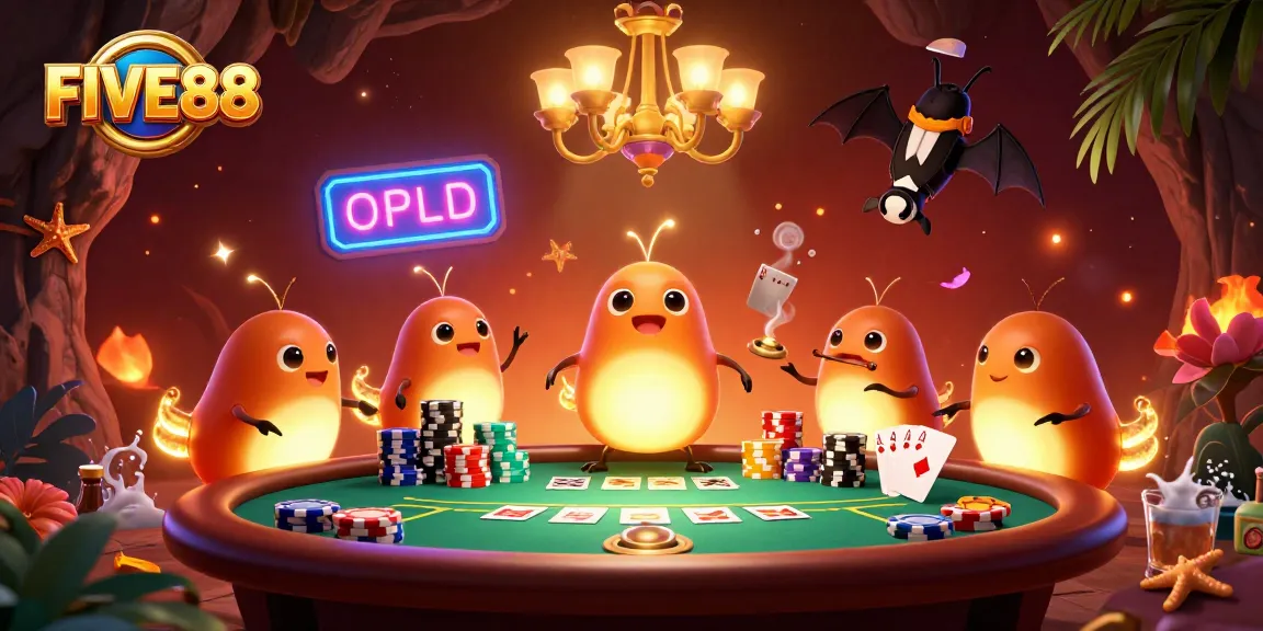 Experience the thrilling ambiance of FIVE88 with glowing glowworms and poker elements lighting up a vibrant casino scene.