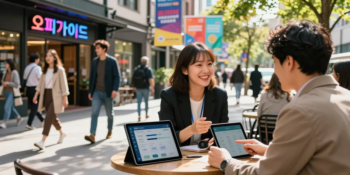 Engaging city scene highlighting 오피가이드 services at a café, showcasing vibrant atmosphere.