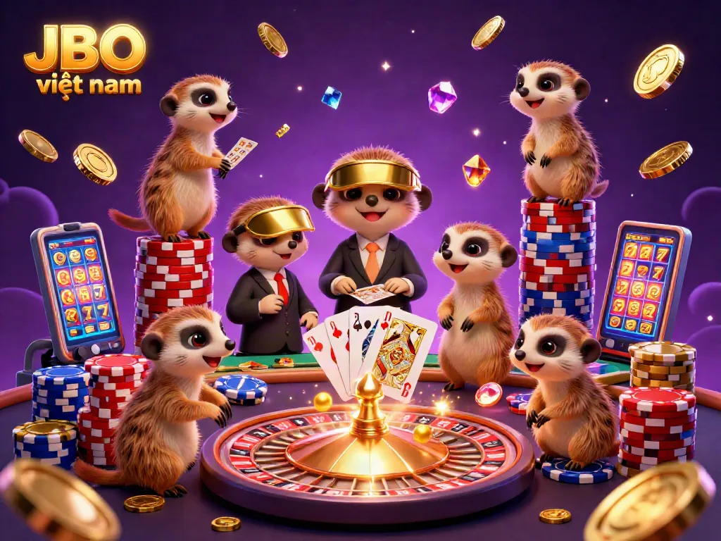 Experience the excitement of JBO việt nam with meerkats running a vibrant casino, showcasing dynamic gambling scenes.
