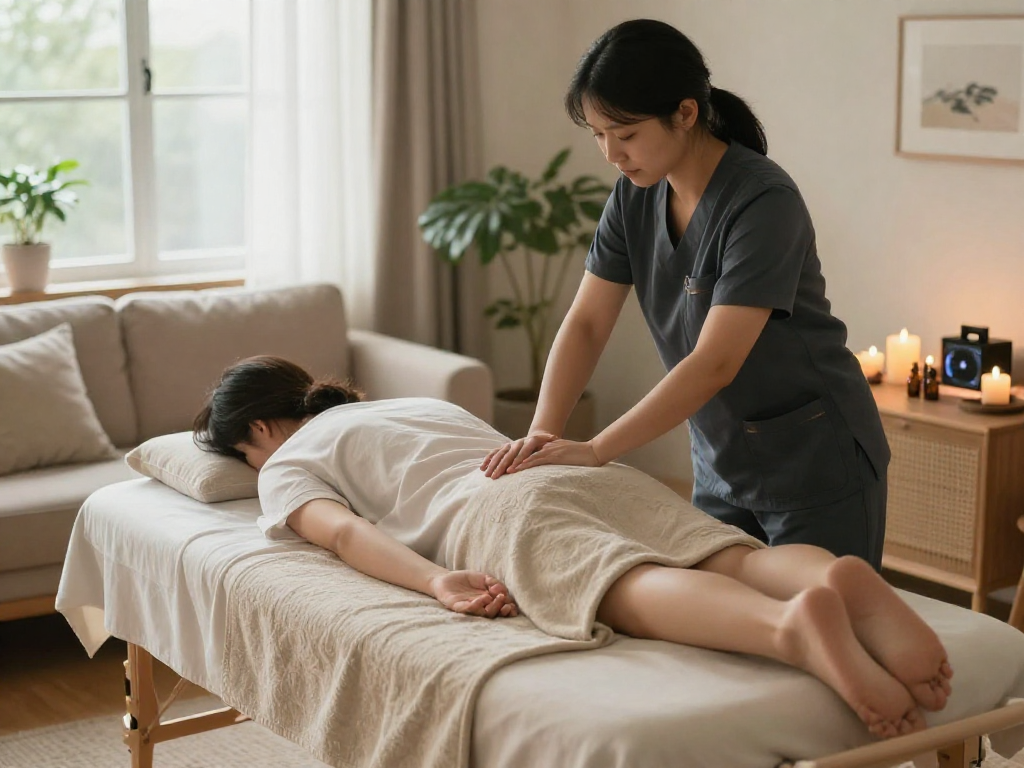 Relaxation during 용인출장안마 at home with a professional therapist, soothing ambiance with candles and plants.