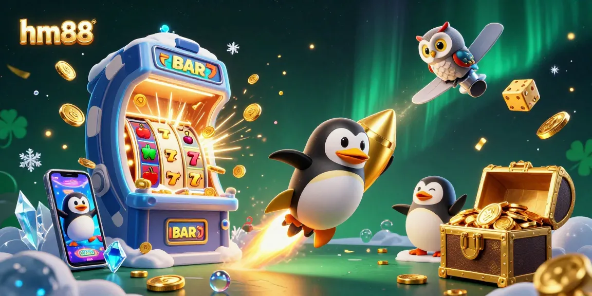 Experience the thrill of playing at hm88 as a golden penguin darts toward a casino space station.