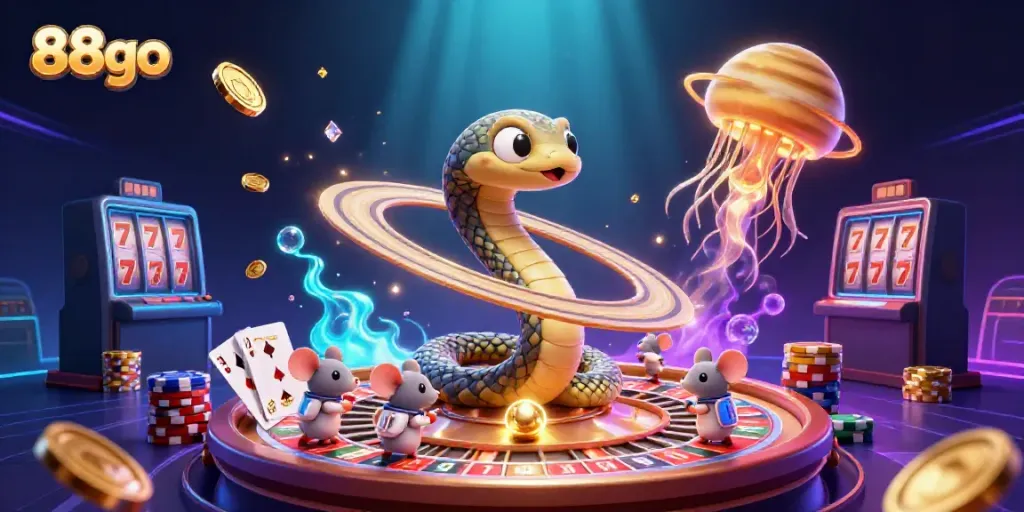Experience thrilling gaming action with 88go as astronauts gamble on Saturn's rings in this vibrant illustration.