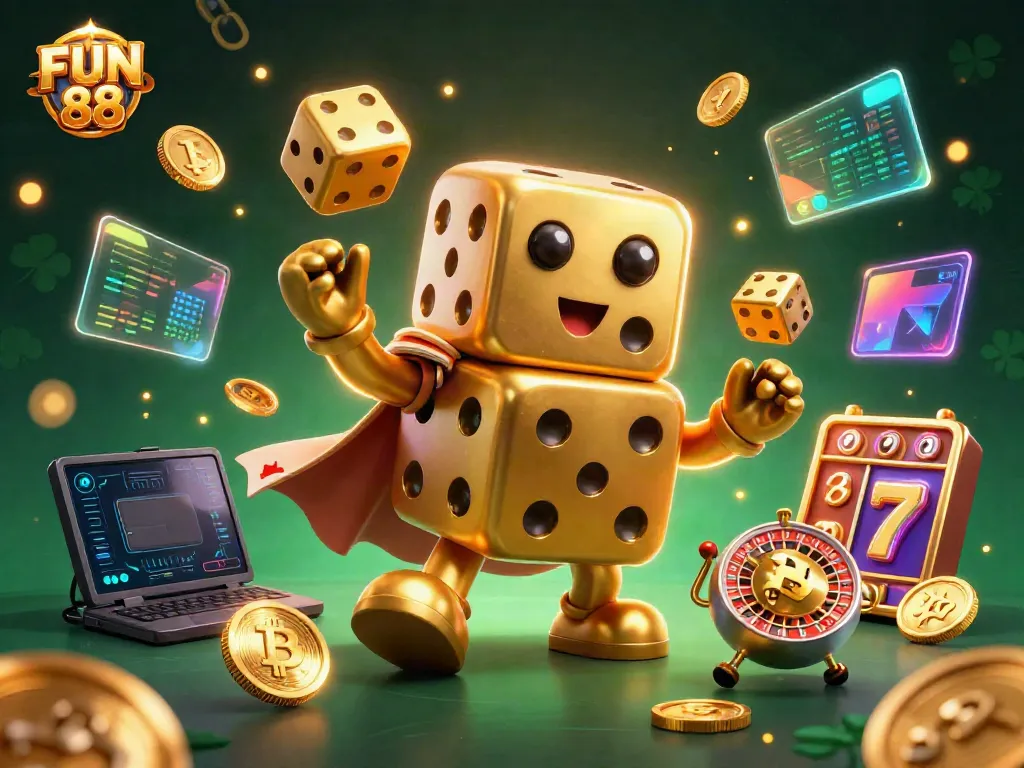 Experience the vibrant FUN 88 online casino scene with golden dice and rich gambling elements.