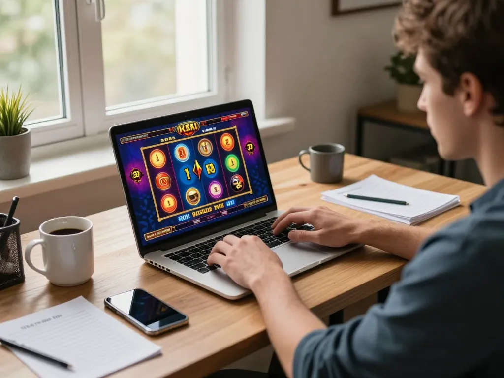 Engaging online gaming session at home with TR88 slot game on laptop, player focused.