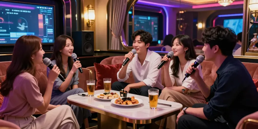 강남달토에서 친구들과 함께 즐기는 고급스럽고 활기찬 노래방 분위기