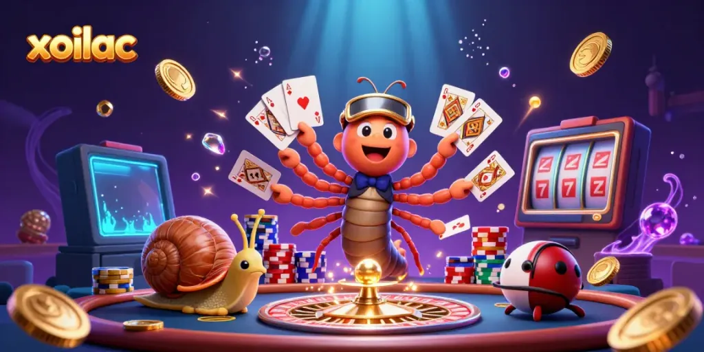 Xoilac's vibrant casino scene featuring a unique dealer with many hands, lively characters, and exciting gaming elements.