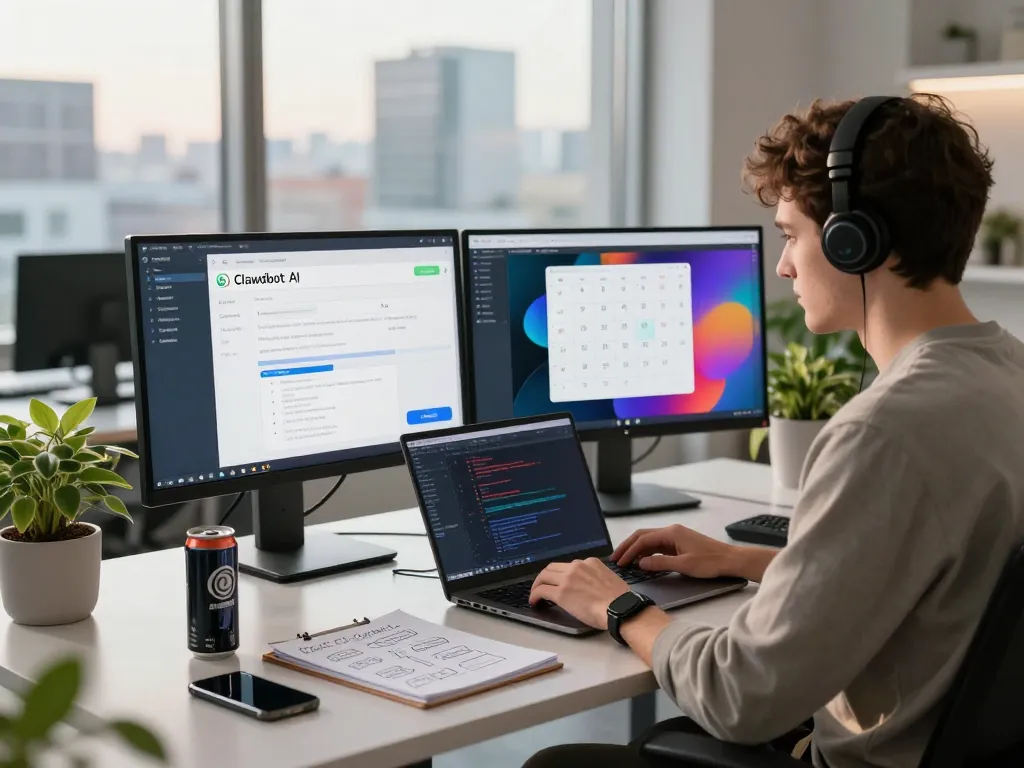 Developer using Clawdbot AI in a modern workspace with dual monitors, enhancing productivity and collaboration.
