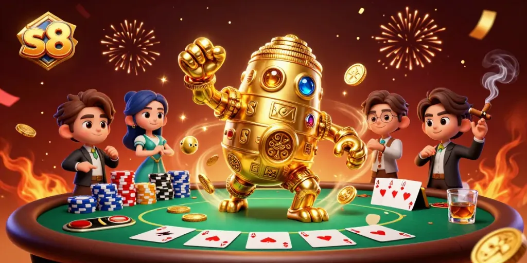Engage with exciting gambling actions at s8 with a golden golem and vibrant poker game.