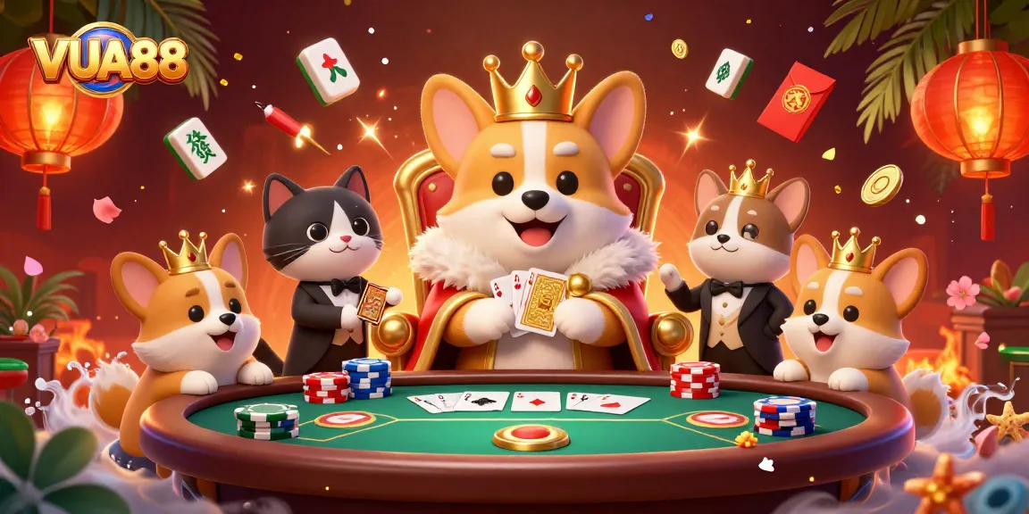 Engage thrillingly with VUA88's vibrant casino illustration featuring royal corgi on poker chips.