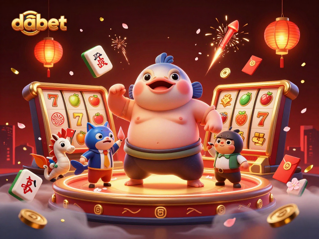 dabet showcases a lively underwater casino scene with a blowfish in sumo attire among slot machines and festive decorations.