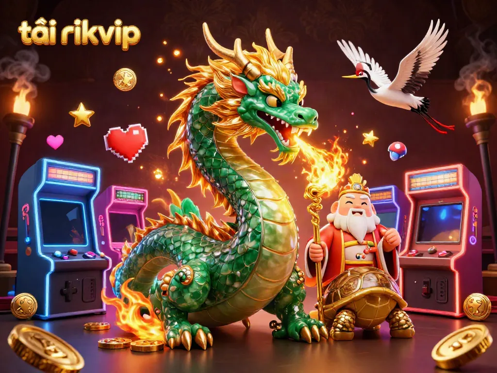 Experience the excitement of tải rikvip with a lively 3D illustration of a jade dragon, turtle sage, and gaming elements.