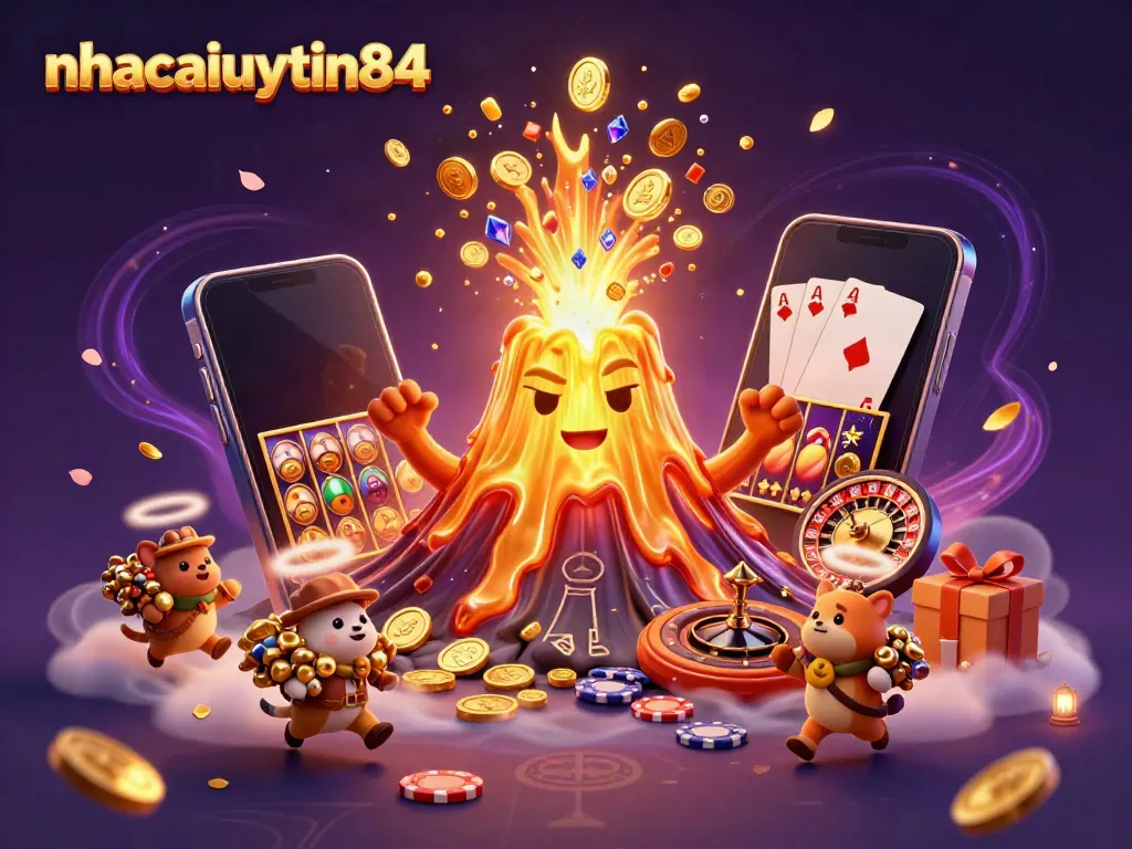 Experience excitement with nhacaiuytin84 as a victorious volcano erupts golden coins and treasures.