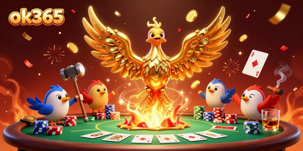 Bet on high-stakes poker hands with ok365 as molten gold pours from a phoenix's wings, enhancing the gaming vibe.