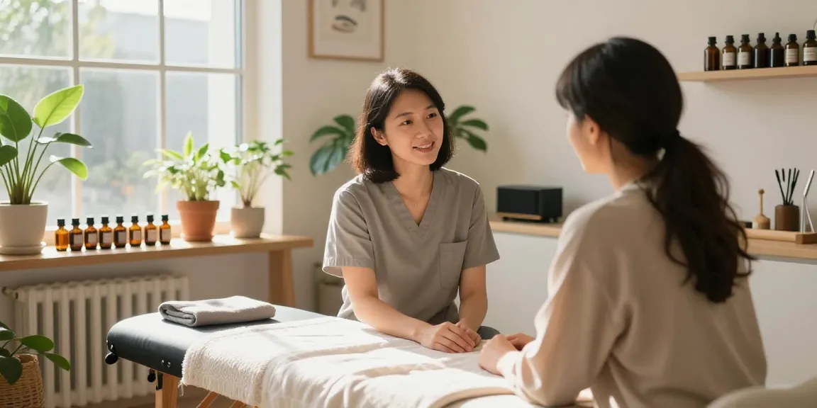 1인샵에서 편안한 치료를 받는 고객과 상담 중인 테라피스트 모습