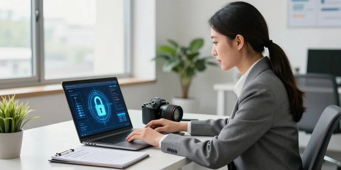Professional woman protecting user data with 강남토닥이 security measures in a bright office