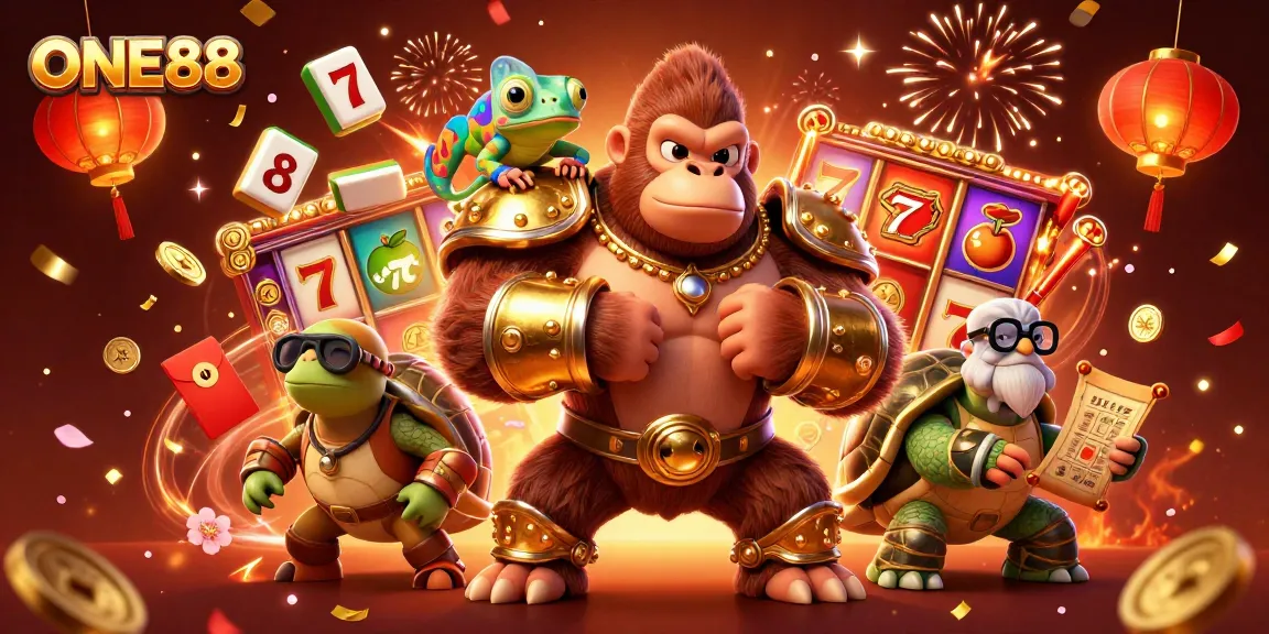Engage with excitement at ONE88 casino featuring dynamic slot reels alongside exuberant animated characters.