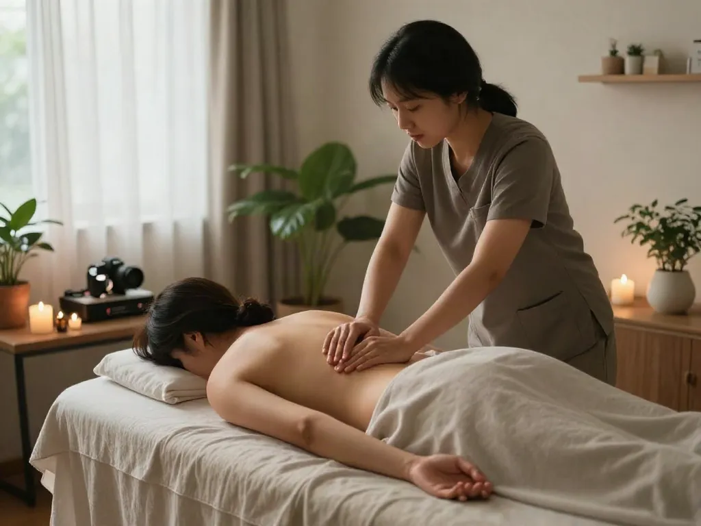 부천출장마사지 taking place in a tranquil urban apartment, showcasing a relaxed client and calming atmosphere.