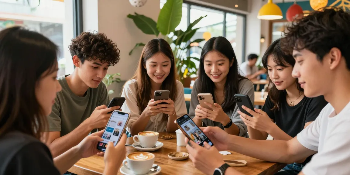 インスタ いいね 増やす コツを探る若者たちがトレンディなカフェで楽しむシーン。