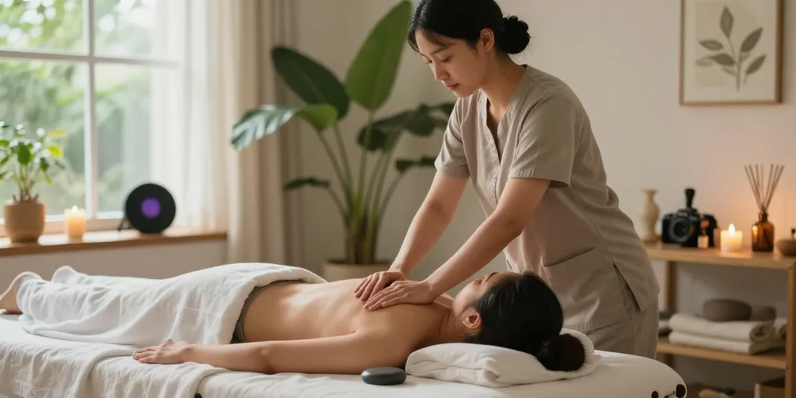 양주출장마사지에서 편안한 집에서의 마사지를 받는 모습, 아늑한 분위기와 따뜻한 빛이 감도는 장면