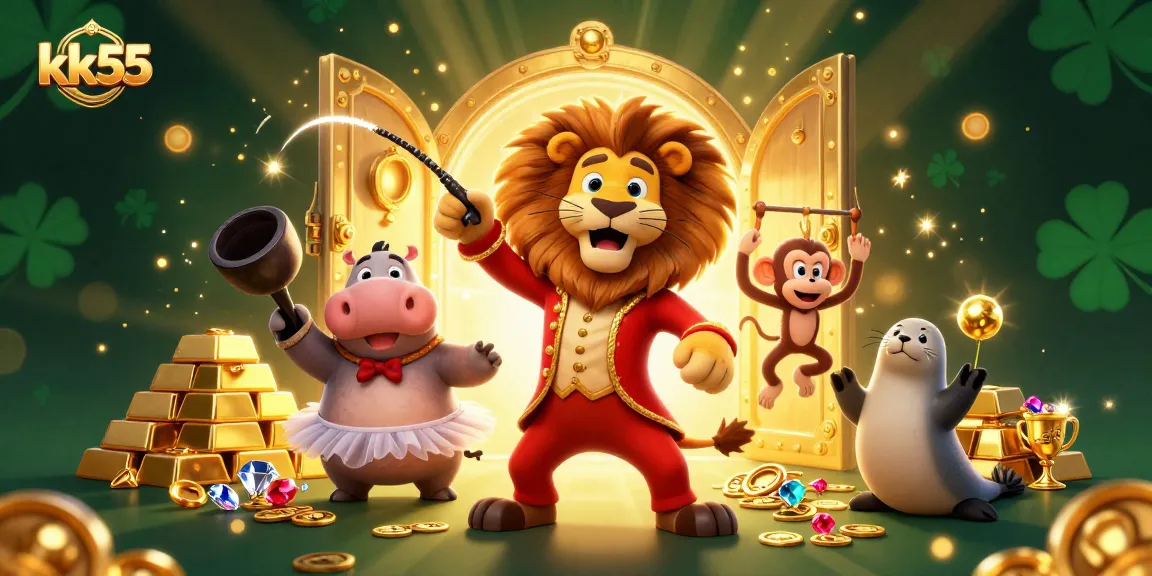 Experience thrilling gaming action at kk55, featuring vibrant circus characters and dazzling treasures.