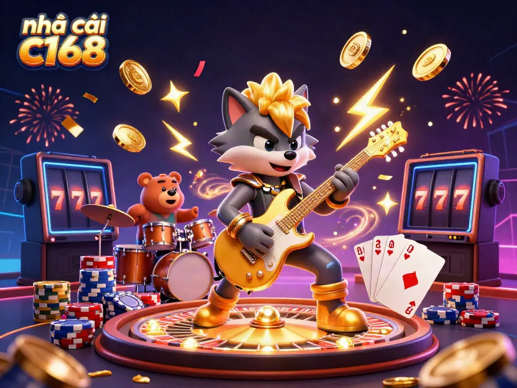 Engage with nhà cái c168's dynamic casino experience, featuring a rock star wolf and a drummer bear surrounded by flying coins and cards.