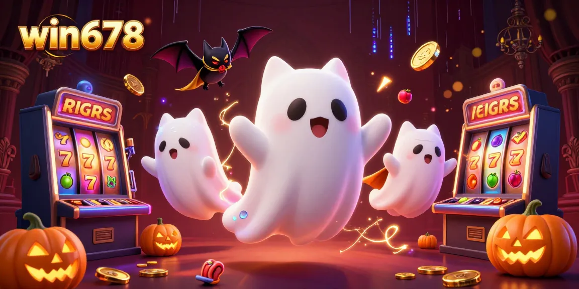 Experience the thrill of win678 with a vibrant casino scene featuring a ghost cat and a bat amidst spinning slot reels.