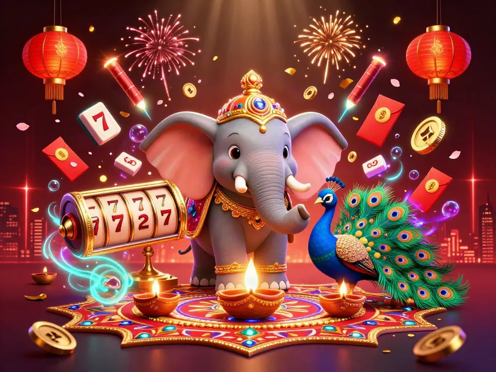 Celebrate wins with V8 WIN in this vibrant, artistic 3D elephant and peacock casino scene.