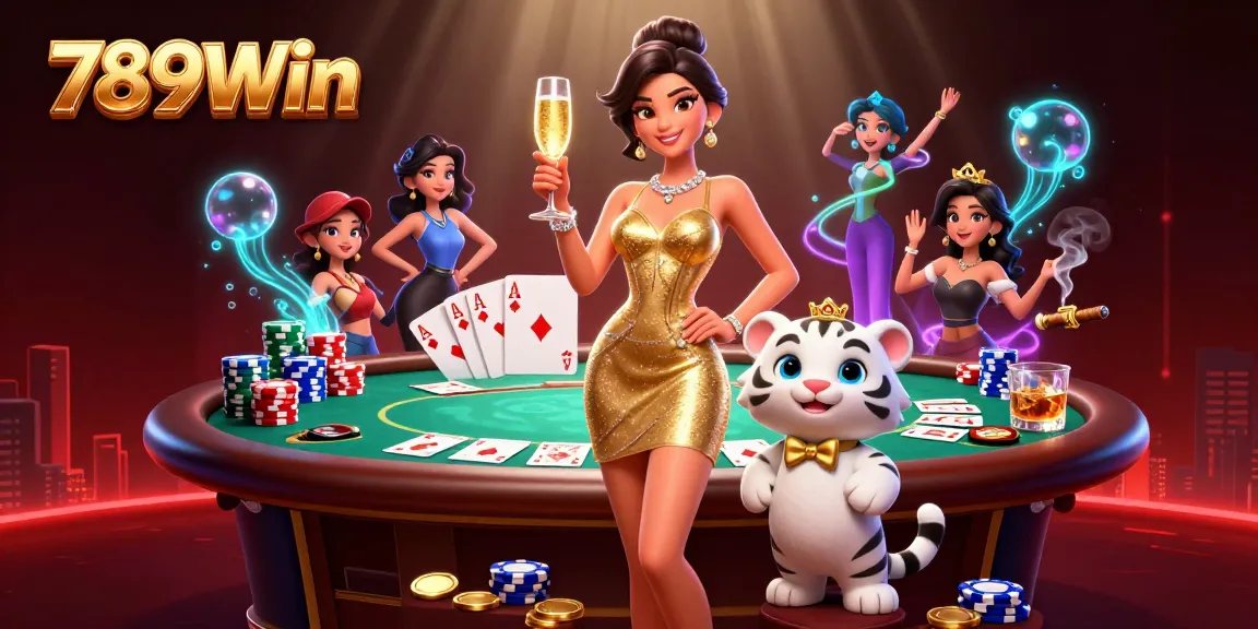 Experience the thrill of 789Win with a glamorous woman and a lucky tiger cub at a vibrant casino.